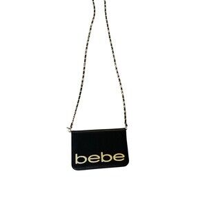 bebe Logo Crossbody Bag Chain Strap Black Gold Designer Y2K Preppy Structured